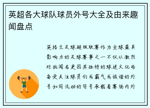 英超各大球队球员外号大全及由来趣闻盘点